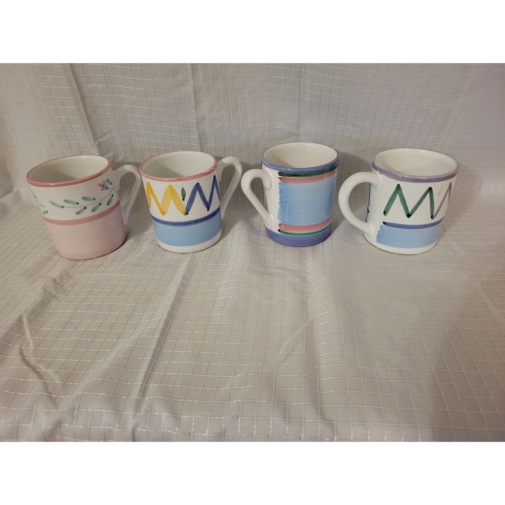 Set of 4 Hand Painted Italian Ceramic Mugs Pastel Geometric Floral Made in Italy